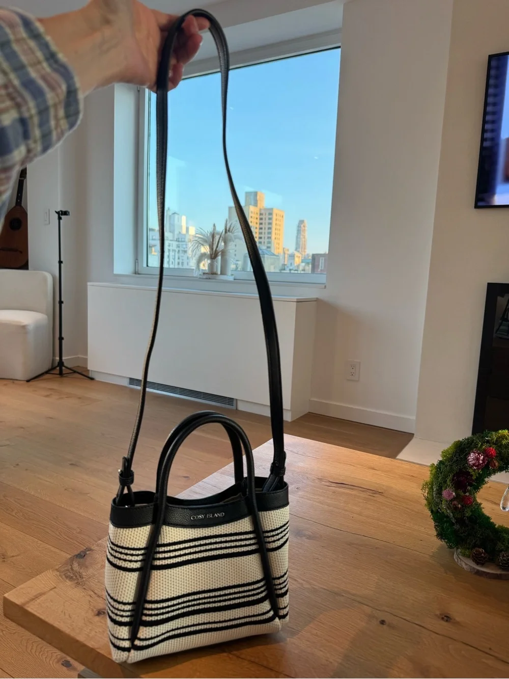NWOT COSY ISLAND Black and Cream Striped Tote